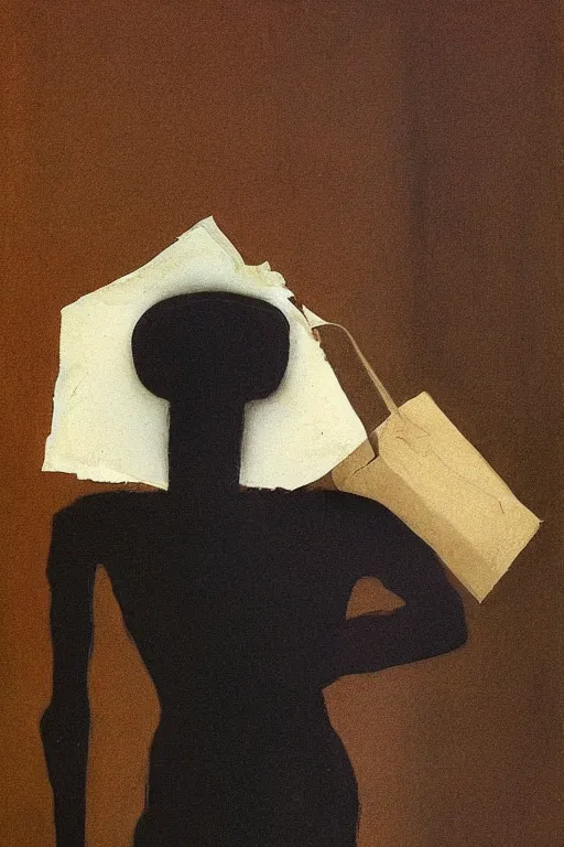 Image similar to dark figure with paper bag over the head and sword in the style of Edward Hopper and Francis Bacon and James Gilleard, Zdzislaw Beksinski, highly detailed