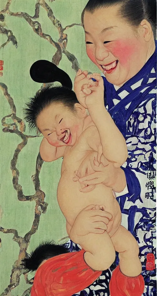 Image similar to A baby girl sitting, toy in hand, selfie, big smile, art by Qi Baishi and Klimt