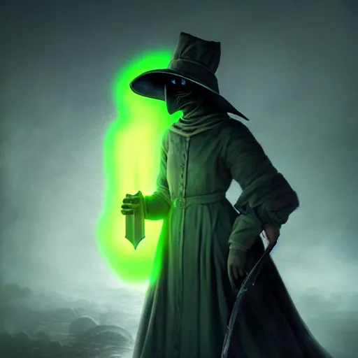 Image similar to portrait of a feminine plague doctor, front angle, green glowing eyes and background with detailed fog background and foreground, stunning 3 d render inspired art by greg rutkowski and xiang duan and thomas eakes, realistic, highly detailed attributes and atmosphere, dim volumetric cinematic lighting, 8 k octane detailed render, post - processing, masterpiece, soft vignette