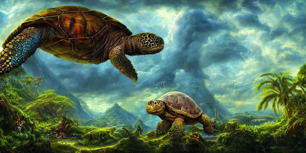 Image similar to fantasy oil painting, great leviathan, turtle cephalopod terrapin reptilian pachyderm amphibian hybrid, rainforest mountains, lush plants flowers, epic natural light, bright clouds, luminous sky, aircraft, outer worlds, bright cinematic key lighting, michael cheval, michael whelan, vray, 8 k hd