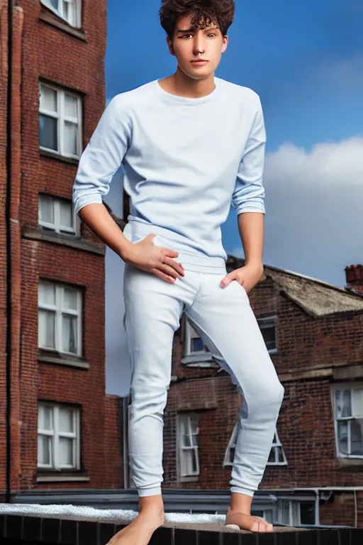 Image similar to un ultra high definition studio quality photographic art portrait of a young man standing on the rooftop of a british apartment building wearing soft padded silver pearlescent clothing. three point light. extremely detailed. golden ratio, ray tracing, volumetric light, shallow depth of field. set dressed.