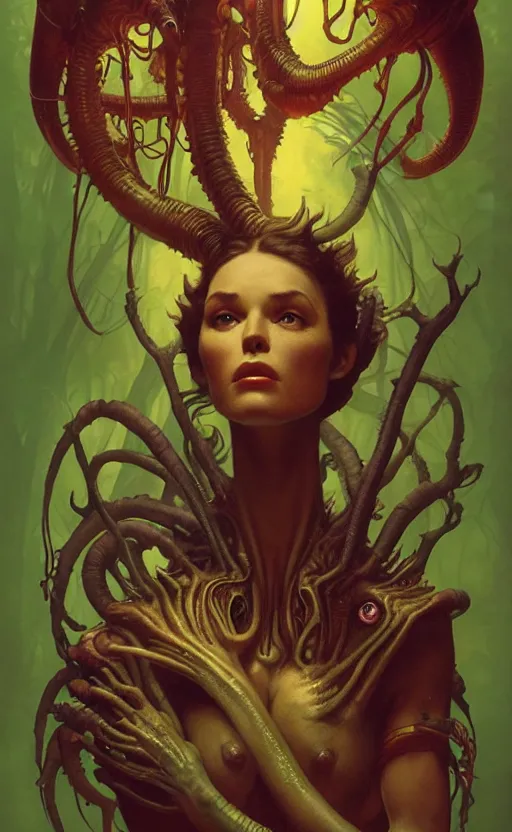 Image similar to alien magic creature poster art, humanoid, lush forest, movie art, by lucusfilm, weta studio, tom bagshaw, james jean, frank frazetta alphonso mucha, norman rockwell, 8 k, denoised