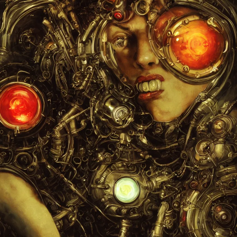 Prompt: baroque neoclassicist close - up sci - fi portrait of a colorful steampunk clockwork elf with big glowing eyes gazing intensely, a brain in a bubble. dark black ominous background, glowing atmosphere. highly detailed science fiction horror painting by norman rockwell, frank frazetta, and syd mead. rich colors, high contrast, gloomy atmosphere. trending on artstation and behance.
