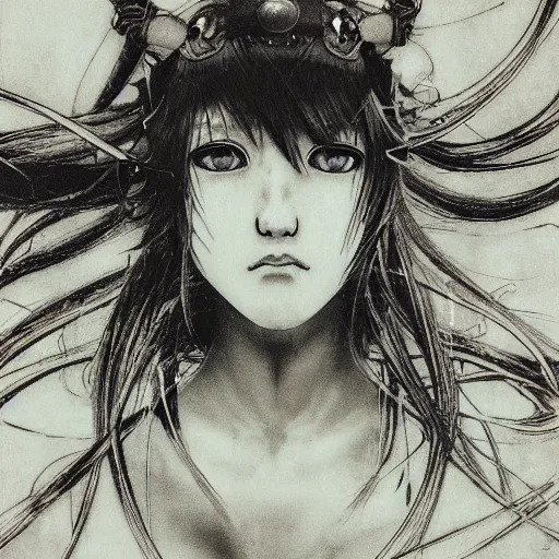 Image similar to yoshitaka amano realistic illustration of an anime girl with black eyes, wavy white hair fluttering in the wind and cracks on her face wearing elden ring armour with engraving, abstract black and white patterns on the background, noisy film grain effect, highly detailed, renaissance oil painting, weird portrait angle, blurred and dreamy polaroid photo, three quarter view