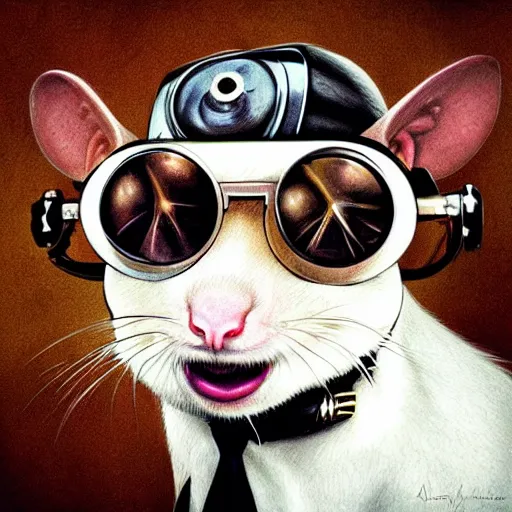 Image similar to a rat with steampunk googles, by ARTGERM