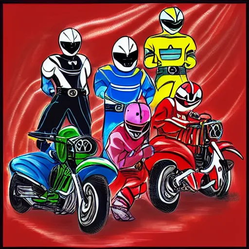 Image similar to the power rangers as motorcycle racers, digital art, colorful, messy art