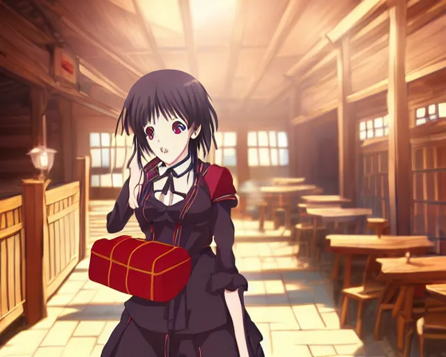 Image similar to key anime visual portrait of a young female with luggage in a tavern interior, dynamic pose, dynamic perspective, cinematic, dramatic lighting, muted colors, fine detail, textured, big detailed anime eyes outlined, anime proportions