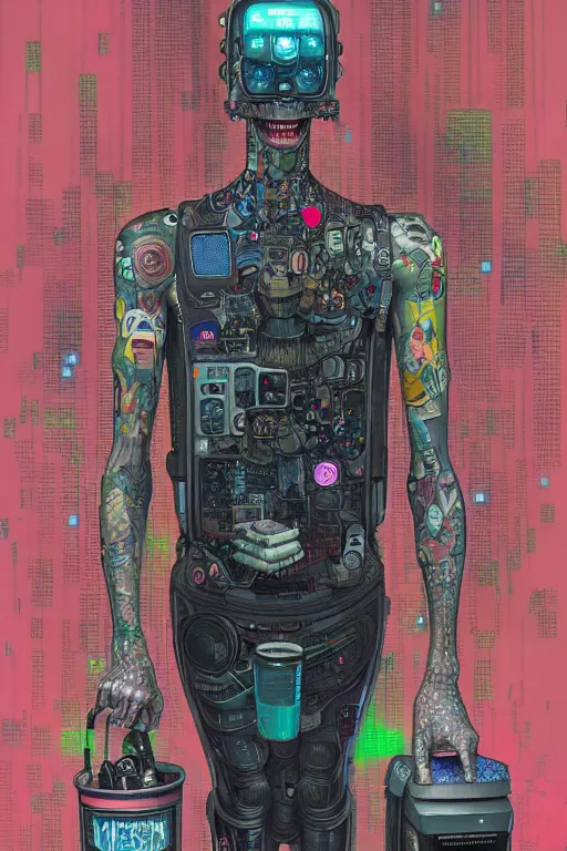 Image similar to full view, from a distance, of anthropomorphic trashcan from the novel neuromancer by william gibson, style of yoshii chie and hikari shimoda and martine johanna, highly detailed