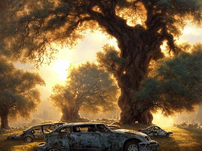 Image similar to oak tree growing in ancient greek ruins, many scrap cars, plastic waste, rubble, pillars, hyperrealistic, highly detailed, cinematic, single ray of golden sunlight, beautiful, cgssociety, artstation, 8 k, oil painting by greg rutkowski, by artgerm, by wlop