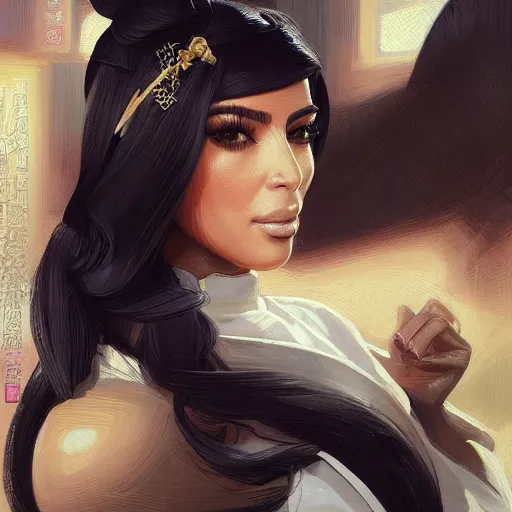 Image similar to kim kardashian in メイト 服 japanese maid uniform, intricate, elegant, highly detailed, digital painting, artstation, pixiv, concept art, smooth, sharp focus, illustration, art by artgerm and greg rutkowski and alphonse mucha