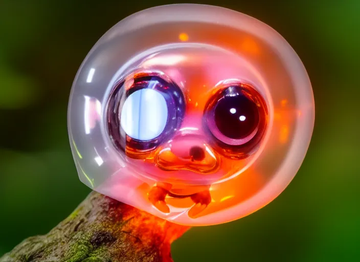 Image similar to photo of a translucent clear chibi style baby dinosaur with symmetrical head and eyes, made out of clear plastic, but has red hypercolor glowing electric energy inside its body, and electricity flowing around the body. in the forest. fantasy magic style. highly detailed 8 k. intricate. nikon d 8 5 0 3 0 0 mm. award winning photography. design by pixar