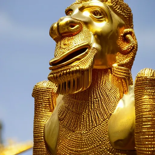 Prompt: gold statue of gilgamesh flanked by gold lamassu