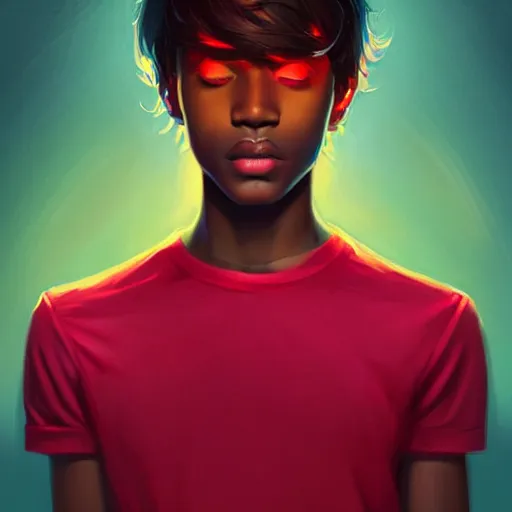 Image similar to colorful and festive captivating teenager with straight brown hair covering his eye, dark skin, big lips, wearing a red t - shirt. rich vivid colors, ambient lighting, dynamic lighting, 4 k, atmospheric lighting, painted, intricate, highly detailed by charlie bowater