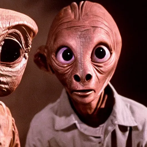 Prompt: movie still photograph of et the alien wearing hannibal lector mask and straight jacob. highly realistic. 4 k.