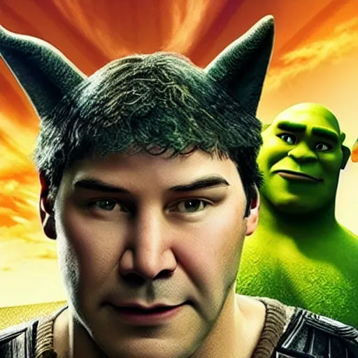 Prompt: keanu reeves staring as shrek, ultra realistic, movie poster, heroic