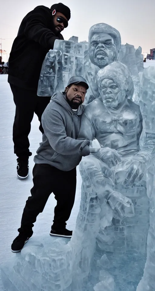 Image similar to dramatic photo, the rapper'ice cube'carving a full body ice sculpture of rapper'ice cube'at harbin ice festival, wide angle photo, award winning, artgerm, wlop, james gurney, trending on artstation