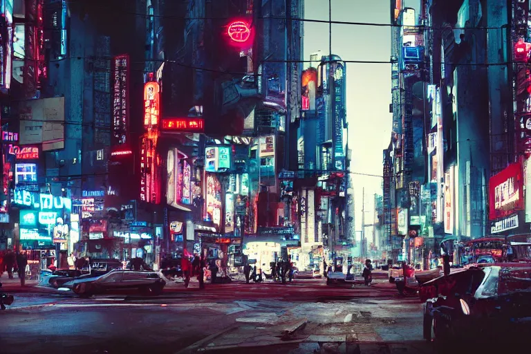 Image similar to cinematography of a busy cyberpunk city street by Emmanuel Lubezki