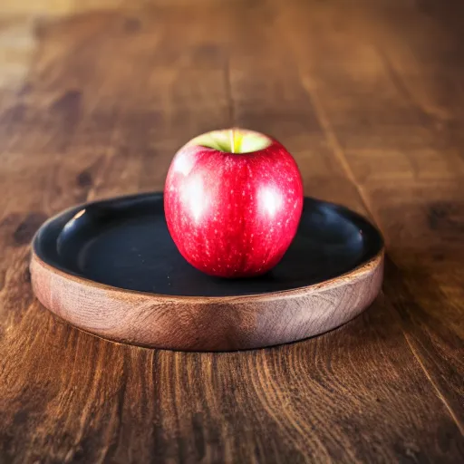 Image similar to a wide angle side view hyper realistic photo of only 3 apples on a wooden plate, food photography, highly detailed, sharp focus, award winning