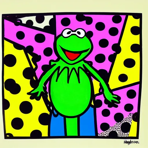 Image similar to kermit the frog in the style of romero britto