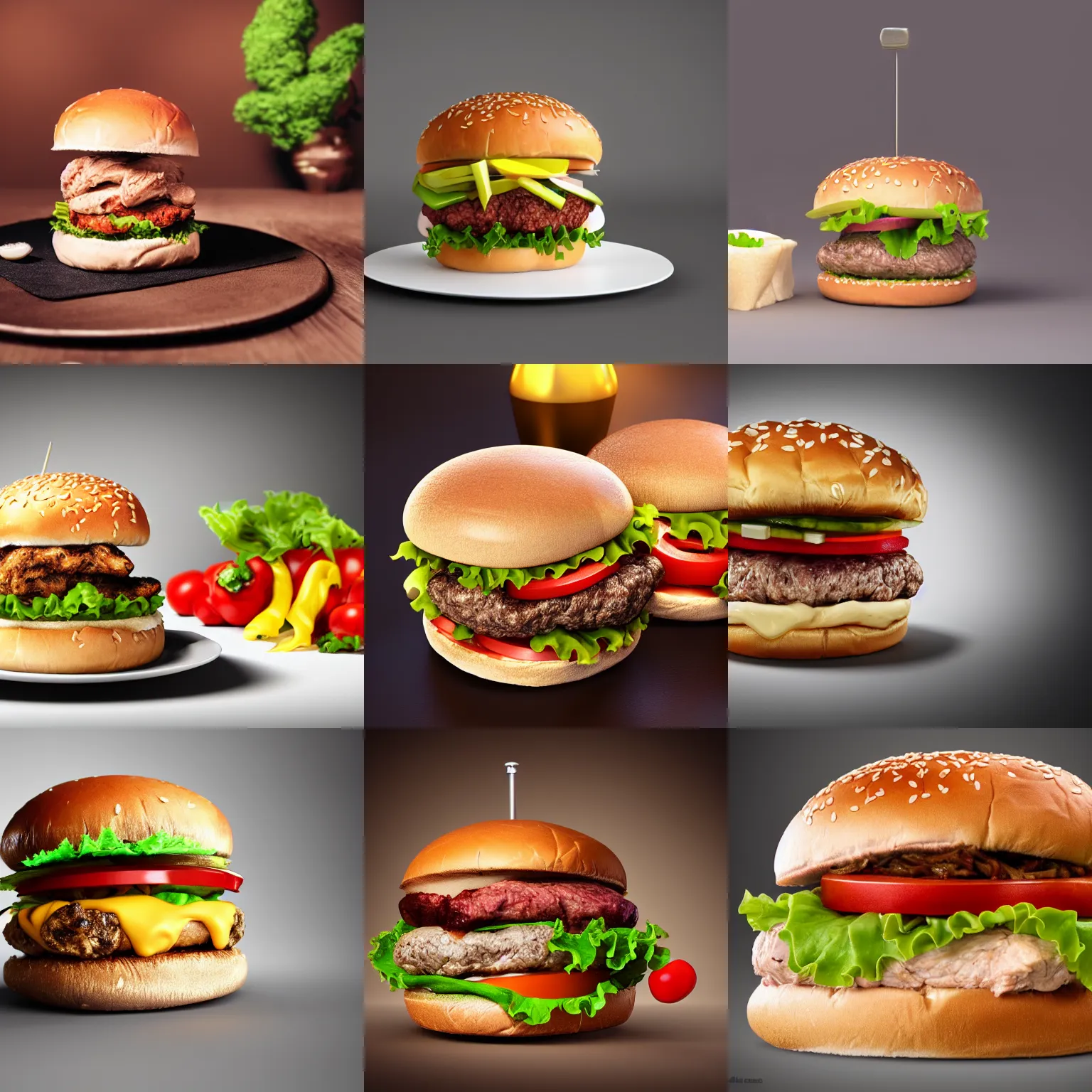 Prompt: a small chicken animal on a hamburger, food photography, 3d render, studio lighting, highly detailed