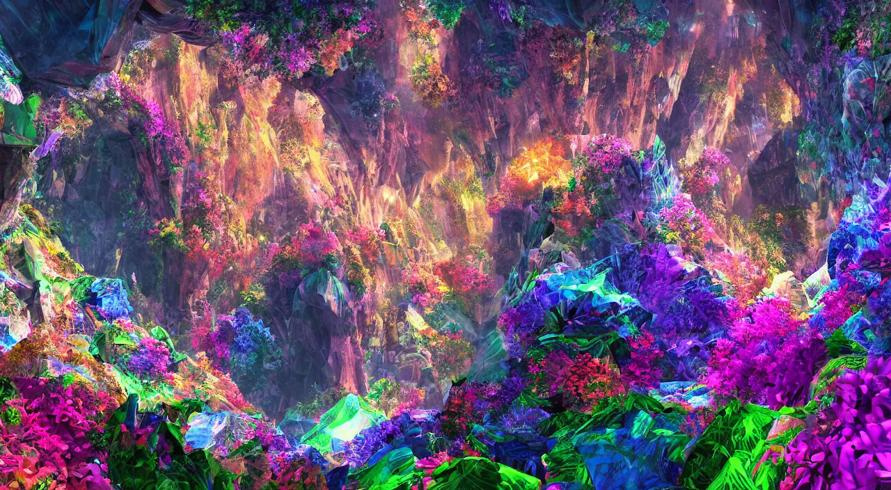 Image similar to biological crystallographic lattice bridging megastructure, in a canyon with flowers and lots of colors, by jack oliva - rendler, by glenn small, by albert bierstadt, photorealistic, zaha hadid, god rays, volumetric lighting, detailed, extremely intricate, raytrace, octane, light fog, neon