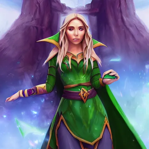 Image similar to beautiful female elf sorcerer, green lighting, elizabeth olsen face, in hearthstone art style, epic fantasy style art, fantasy epic digital art, epic fantasy card game art