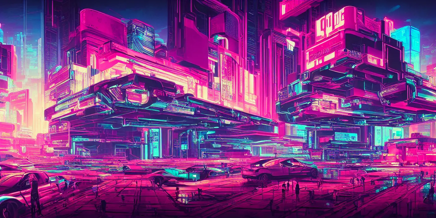 Image similar to the school of athenes iconic paiting, cyberpunk, synthwave, outrun, neon, hyper detailed