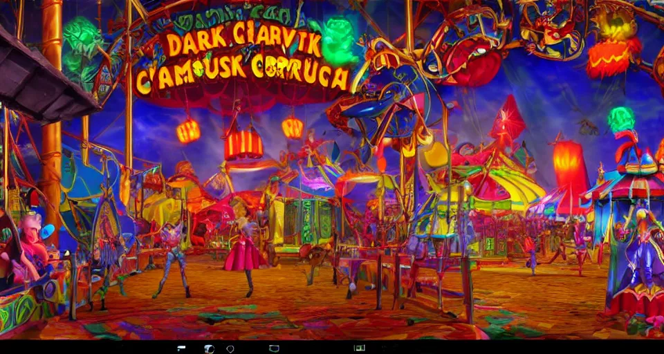 Prompt: Screenshot of a videogame environment of a dark evil circus carnival. Sharpened. 1080p. High-res. Ultra graphical settings.