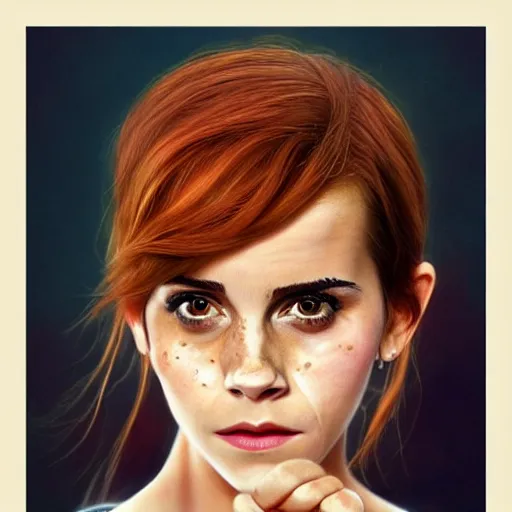 Image similar to Africa, beautiful portrait of Very funny actress Emma Watson like a ginger big red monkey, face like monkey with banana, Emma Watson actress blended monkey face paint, like , powerful , magic, thunders, dramatic lighting, intricate, wild, highly detailed, digital painting, artstation, concept art, smooth, sharp focus, illustration, art by artgerm and greg rutkowski and alphonse mucha, footage