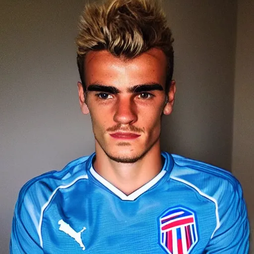 Image similar to “ a realistic detailed photo of a guy who is an attractive humanoid who is half robot and half humanoid, who is a male android, soccer player antoine griezmann, shiny skin, posing like a statue, blank stare, on the bed, on display ”