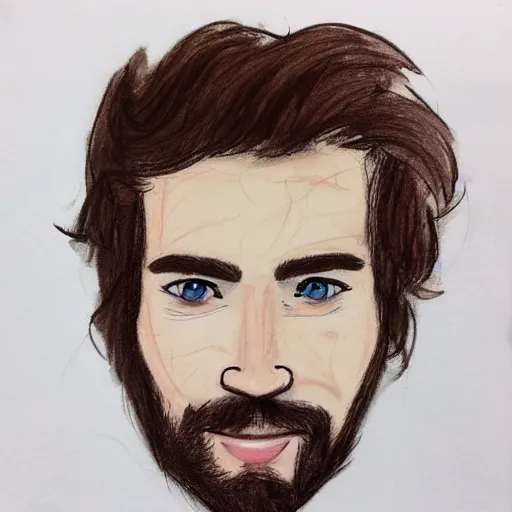 Image similar to sketch of a caucasian face, medium long brown hair, bad skin, short beard, skinny, blue eyes, smiling, ultrarealistic