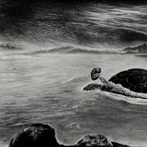 Prompt: mega turtle invading rio de janeiro in 1895, black and white historical picture, good quality, during daytime, at the beach, panic
