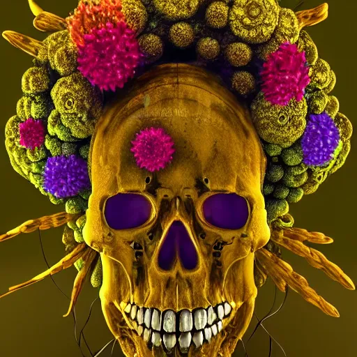 Prompt: a golden skull face african electric shaman with an afro made of flowers, third eye art art by machina infinitum, complexity from simplicity, rendered in octane, mandelbulb 3 d, ambient occlusion, macro photography