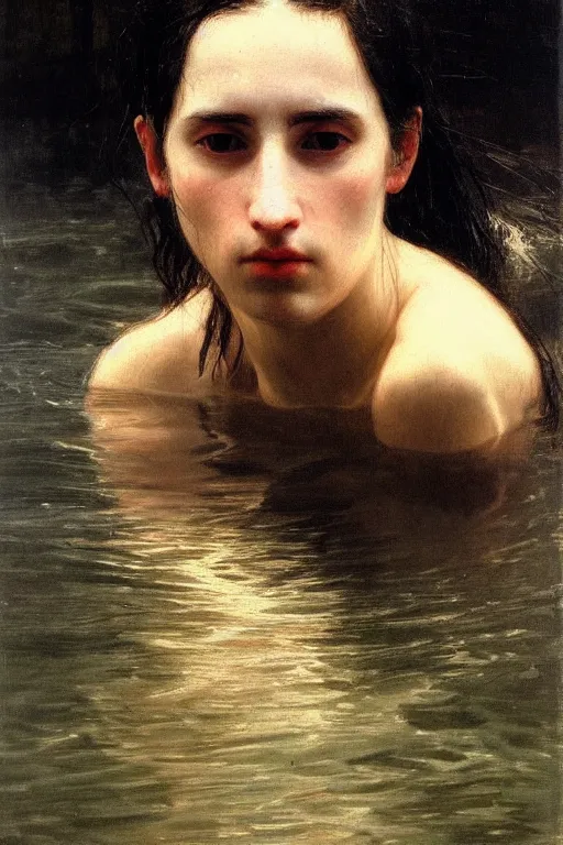 Image similar to young woman's face breaking the waters surface, long black hair, pale skin, symmetrical face, photorealism, 4k, dramatic lightning, by Thomas Eakins,