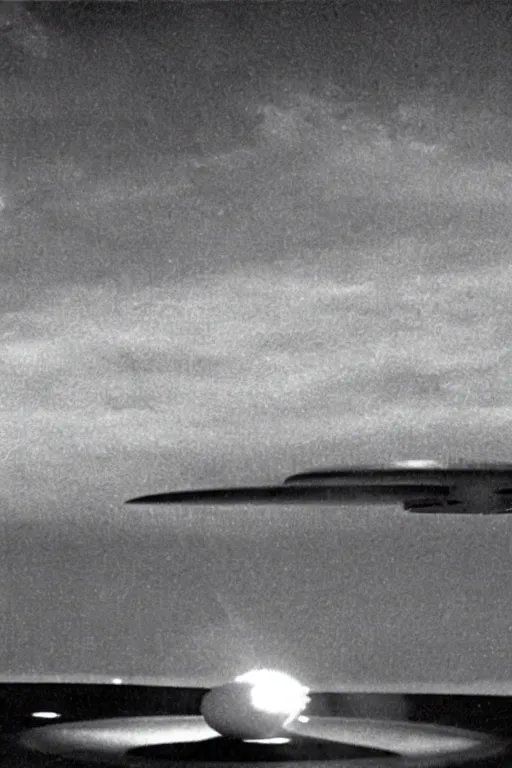 Image similar to still from vhs footage of ufo landing at military base