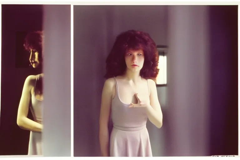 Image similar to close-up color film photography 1970s, woman standing near mirror, soft light, 35mm, film photo, Joel Meyerowitz