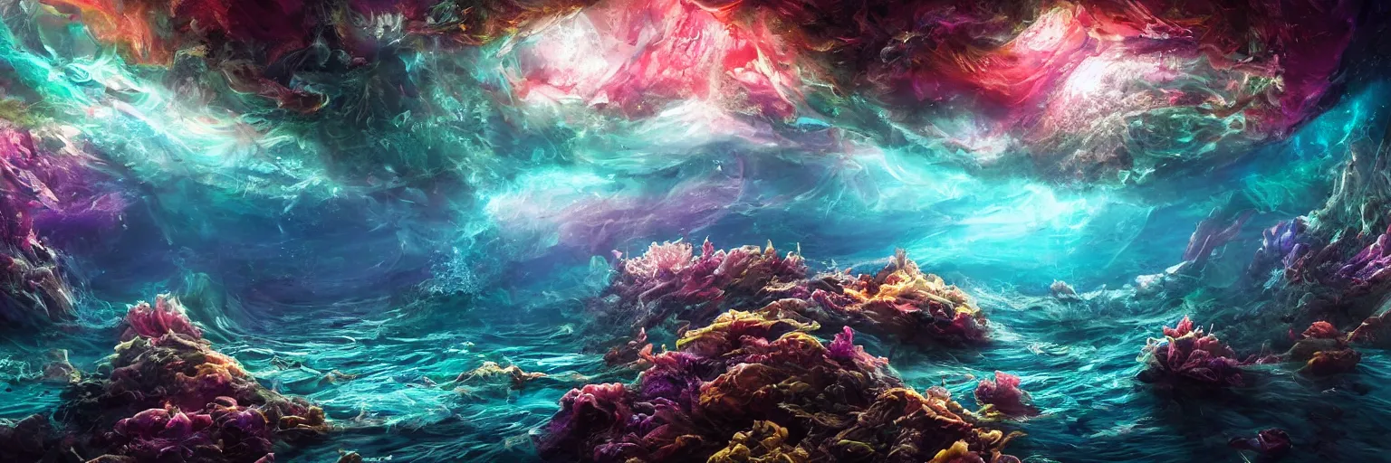 Prompt: underwater flowing magical place under sea with visible translucent beautiful waves trough which you can see the multicoloured universe and galaxies, concept art, oily very detailed painting, cinematic lighting, volumetric lighting, cinematic composition, intricate, scary and stunningly beautiful, masterpiece, award winning, trending on artstation
