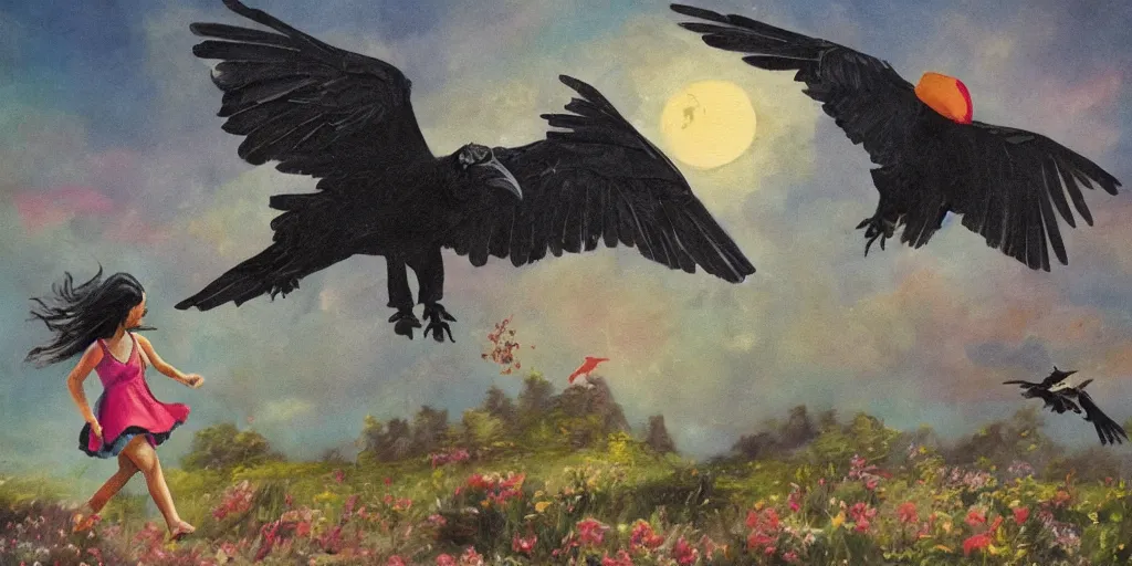 Image similar to giant crow painting chasing a girl in a magical landscape