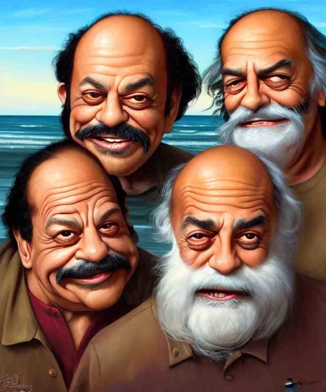 Image similar to Caricatures of Cheech Marin and Tommy Chong, riding in a children's jeep along cocoa beach front, Miami. fun, funny, highly detailed, digital painting, artstation, concept art, smooth, sharp focus, illustration, art by artgerm and greg rutkowski and alphonse mucha