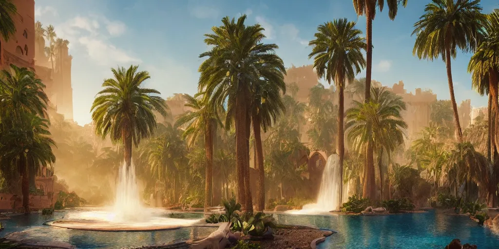 Image similar to beautiful oasis waterfalls surrounded by palm trees, moroccan tile archways, date trees, ivory towers, sun setting, ross tran, nephilim, pyroclastic flow, ethereal, fantasy, james jean, oozium, peter morbacher angelarium alchemy luxury heavenly light soft illumination, trending on artstation, cinematic lighting, digital painting, octane render, artgerm