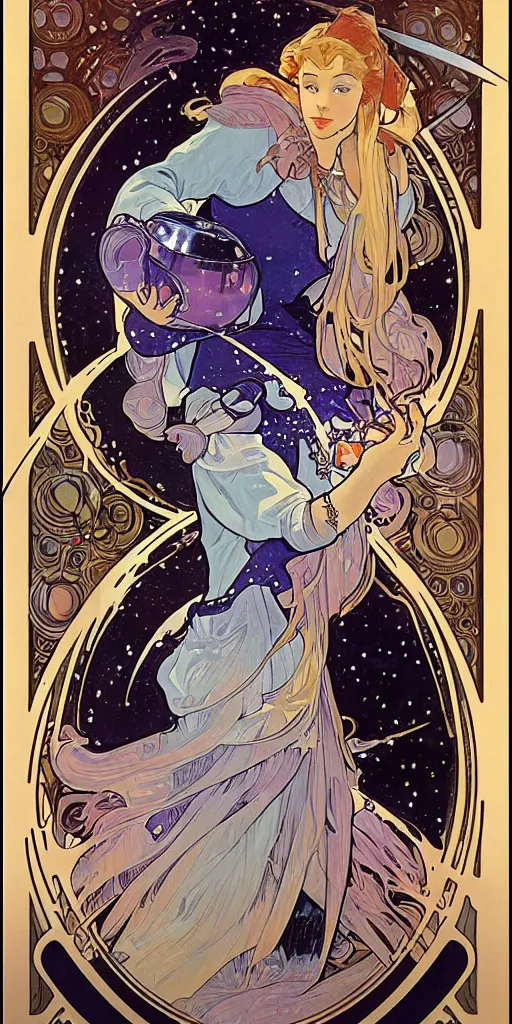 Prompt: a woman wearing outer space as a dress, pouring water from a vase into the milky way, by joe madura, by alphonse mucha, battle chasers.