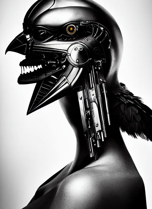 Prompt: a profile portrait, a stunning young woman - cyborg with a mutant crow head, editorial photography, bw, by roman sustov, by hr giger, shot on 7 0 mm, depth of field, f / 2. 8, high contrast, 1 6 k, volumetric lighting, shiny, insanely detailed and intricate, hypermaximalist, elegant, ornate