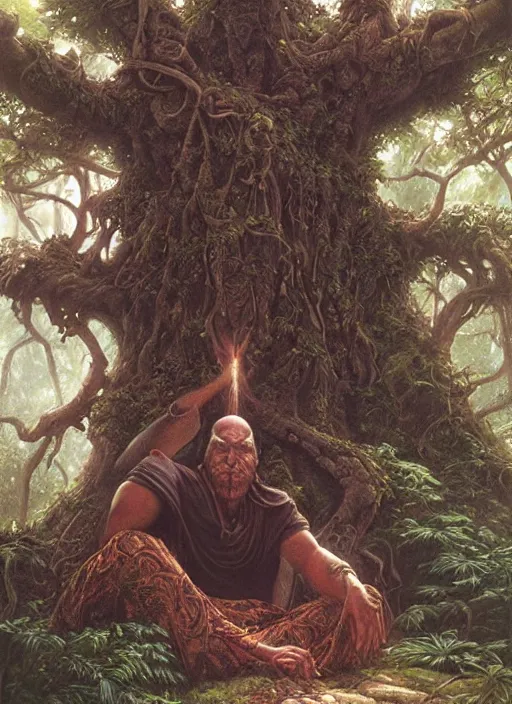 Prompt: a shaman sitting in the jungle, with giant face of an ancestor in a tree behind him, hyper detailed, art by christophe vacher