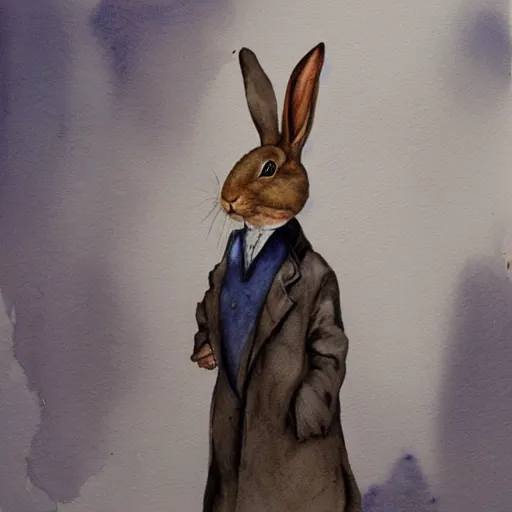 Prompt: a rabbit dressed as sherlock holmes, watercolour realism