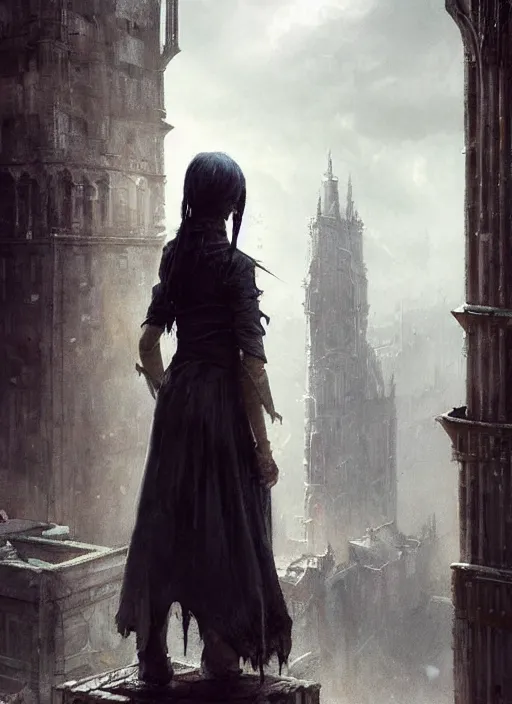 Image similar to a teenage girl with very short dark hair and a tattered grey cloak. she stands on top of a building in a gothic fantasy city. beautiful painting by greg rutkowski