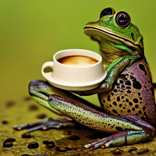 Image similar to mad frog drinking coffee. nature photography.