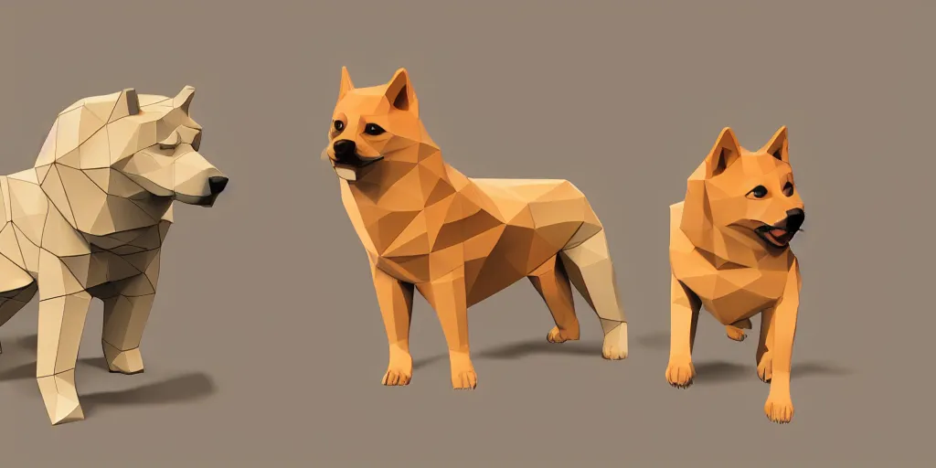 Prompt: concept art of low polygon 3 d render of swole doge vs cheems meme