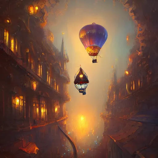 Image similar to a beautiful stunning fantasy whimsical matte digital illustration of a hot - air balloon powered by magic over a lit city at night by marc simonetti, pastel color palette, disney magic the gathering steampunk, chiaroscuro magical bokeh moon stars dramatic romantic, trending on artstation hq, masterpiece