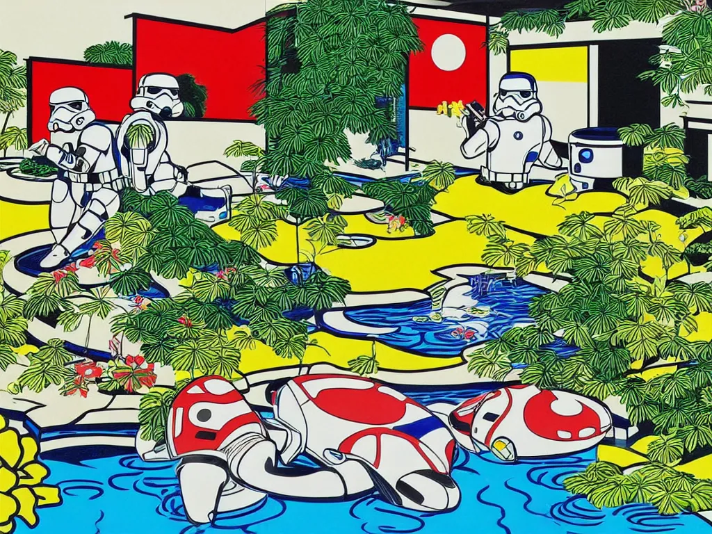 Image similar to hyperrealistic composition of the japanese home with a garden and a pond, 2 stormtroopers sitting around it, pop - art style, jacky tsai style, andy warhol style, roy lichtenstein style, rich palette, acrylic on canvas