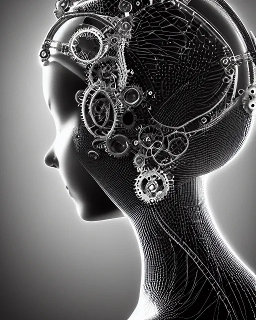 Image similar to mythical dreamy black and white organic translucent bio-mechanical spinal ribbed profile face portrait detail of steampunk mechanical beautiful female angelic-human-queen-realistic-cyborg, highly detailed, intricate crystal jelly ornate, poetic, 3D render, digital art, octane render, 8K artistic photography, photo-realistic, by Dora Maar